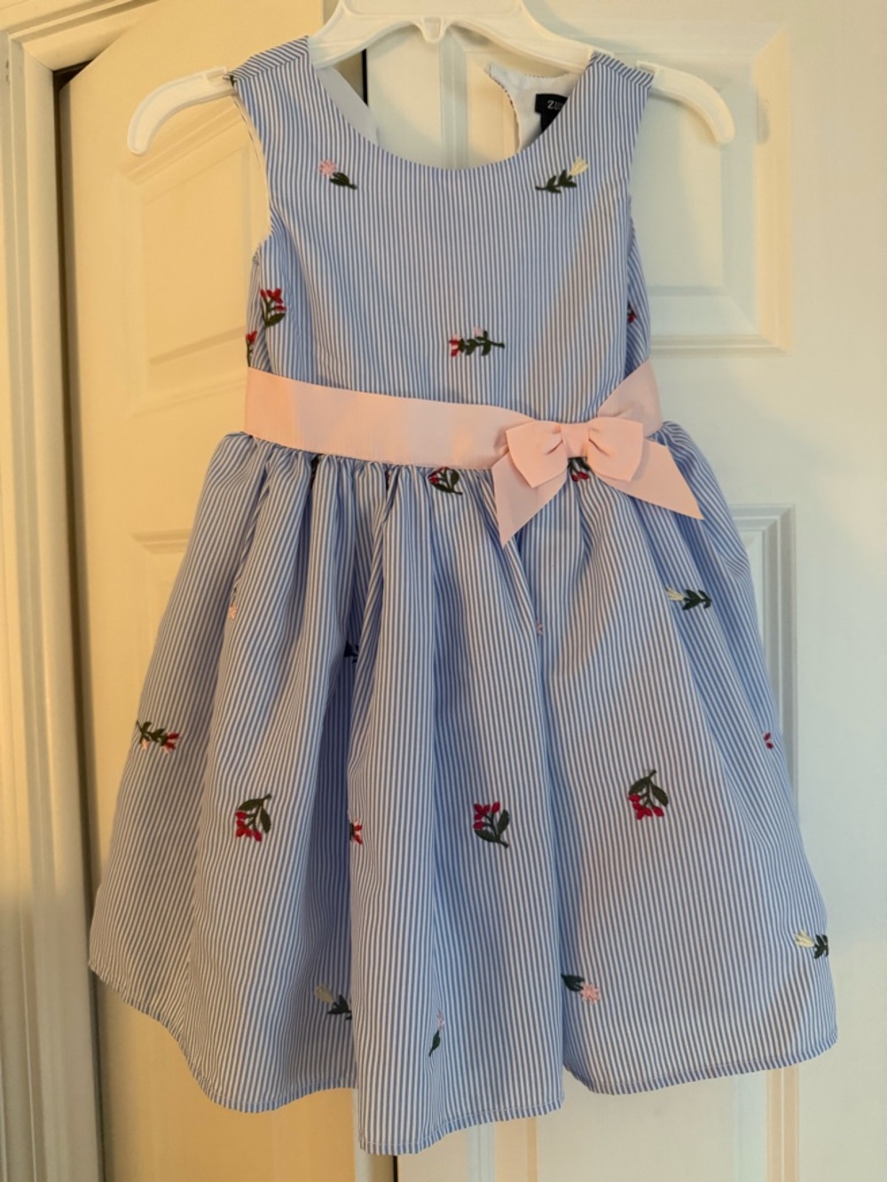 Girls' Blue Striped Floral Dress with Pink Bow